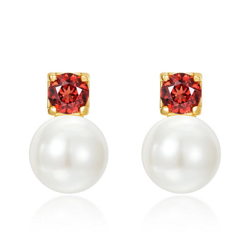 Red Zirconia Pearl Stud Earrings
